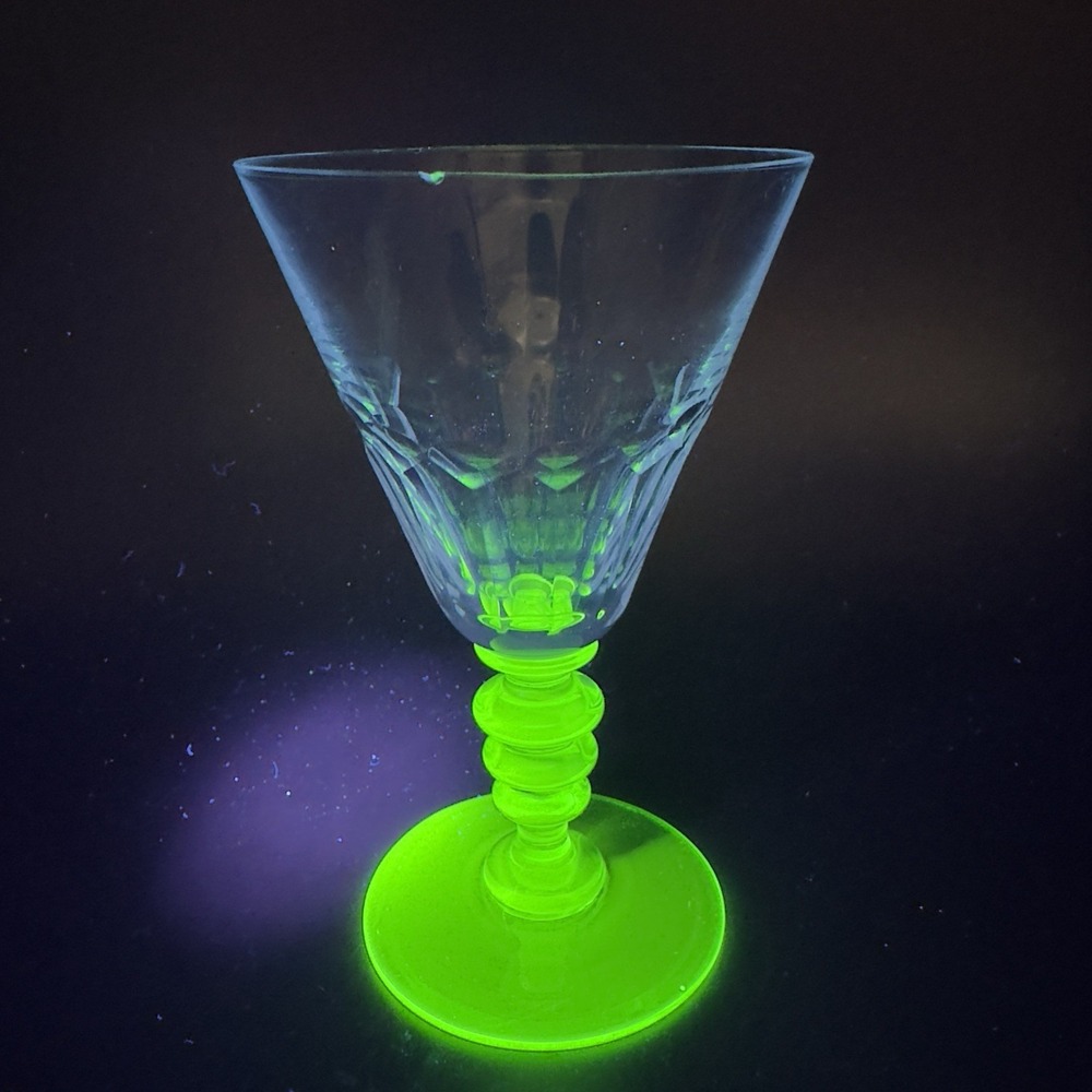 Seneca Theodule Green and Clear Top Uranium Stem Optic Cut Top Goblet Cup AS IS
